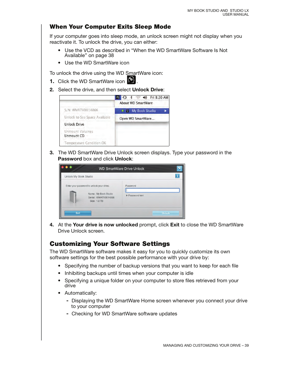 When your computer exits sleep mode, Customizing your software settings | Western Digital My Book Studio/Studio LX User Manual User Manual | Page 44 / 82