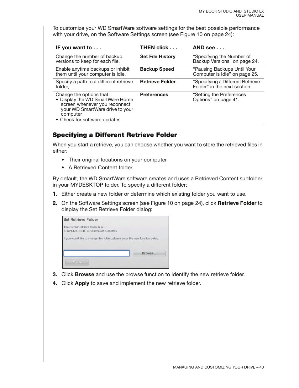 Specifying a different retrieve folder | Western Digital My Book Studio/Studio LX User Manual User Manual | Page 45 / 82