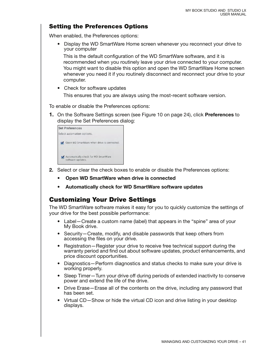 Setting the preferences options, Customizing your drive settings | Western Digital My Book Studio/Studio LX User Manual User Manual | Page 46 / 82