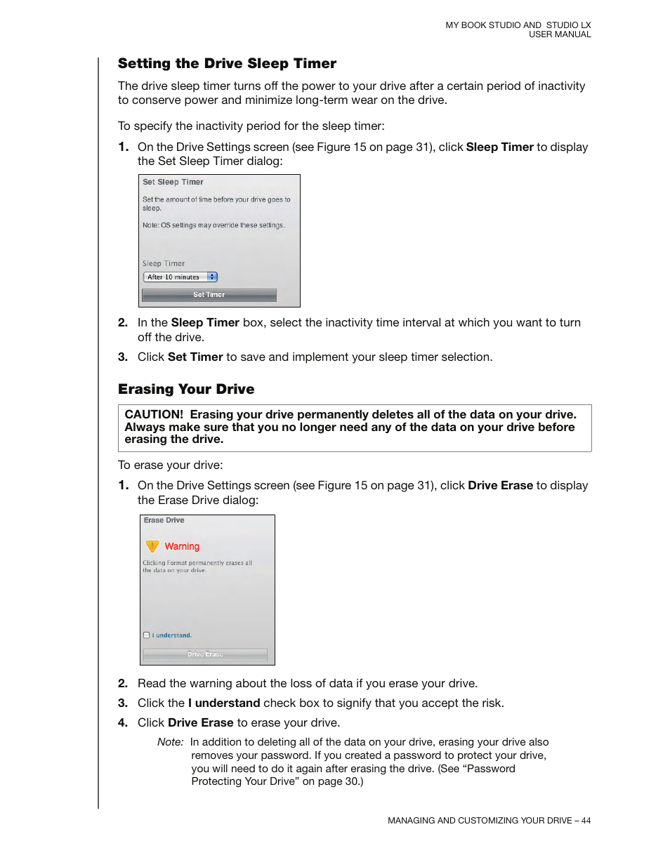 Setting the drive sleep timer, Erasing your drive | Western Digital My Book Studio/Studio LX User Manual User Manual | Page 49 / 82