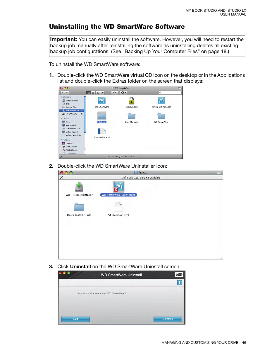 Uninstalling the wd smartware software | Western Digital My Book Studio/Studio LX User Manual User Manual | Page 51 / 82