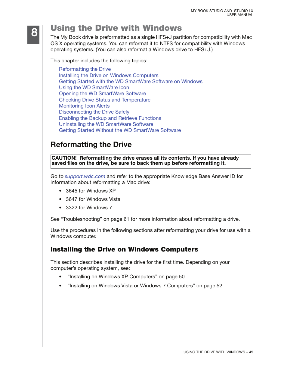 Using the drive with windows, Reformatting the drive, Installing the drive on windows computers | Western Digital My Book Studio/Studio LX User Manual User Manual | Page 54 / 82