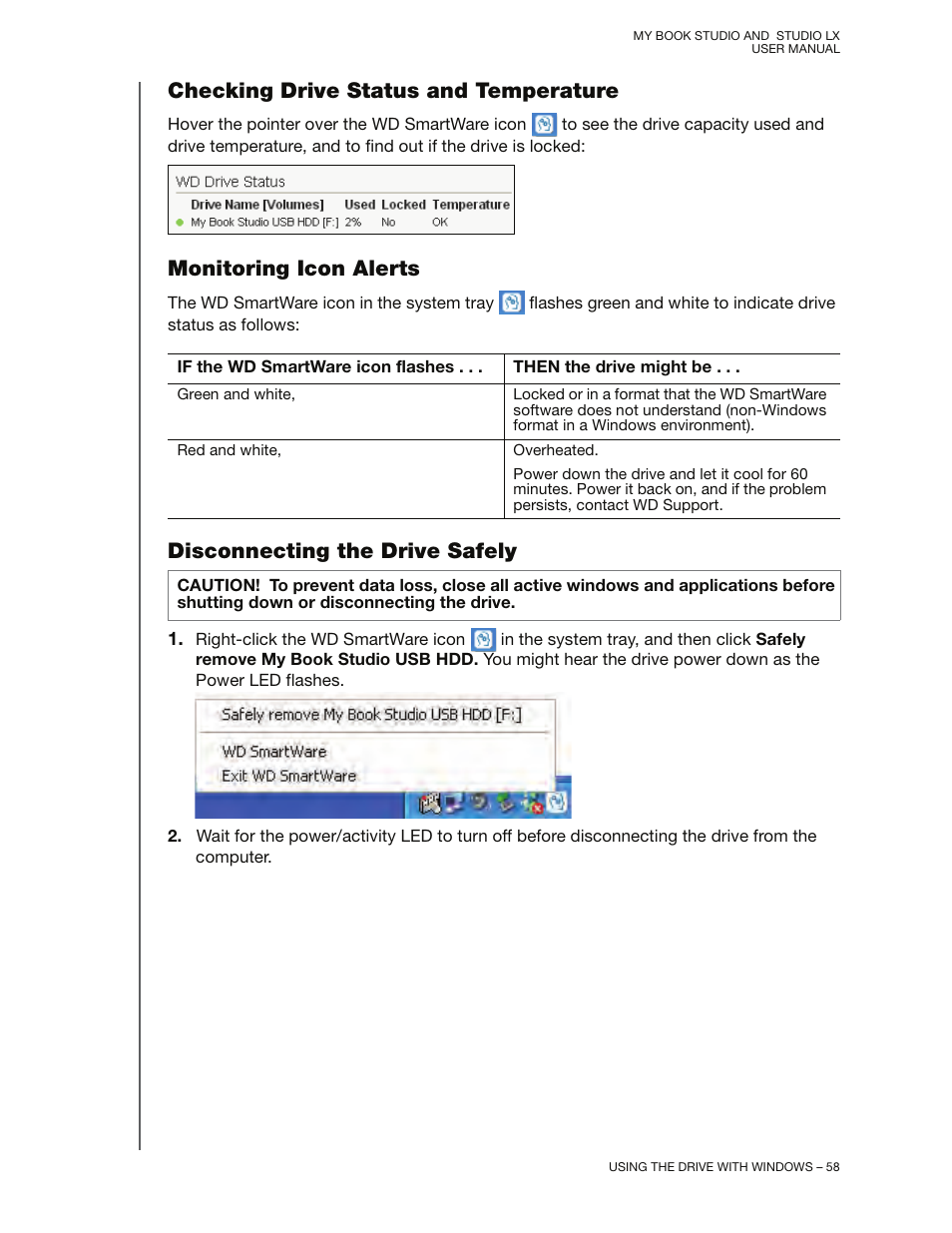 Checking drive status and temperature, Monitoring icon alerts, Disconnecting the drive safely | Western Digital My Book Studio/Studio LX User Manual User Manual | Page 63 / 82