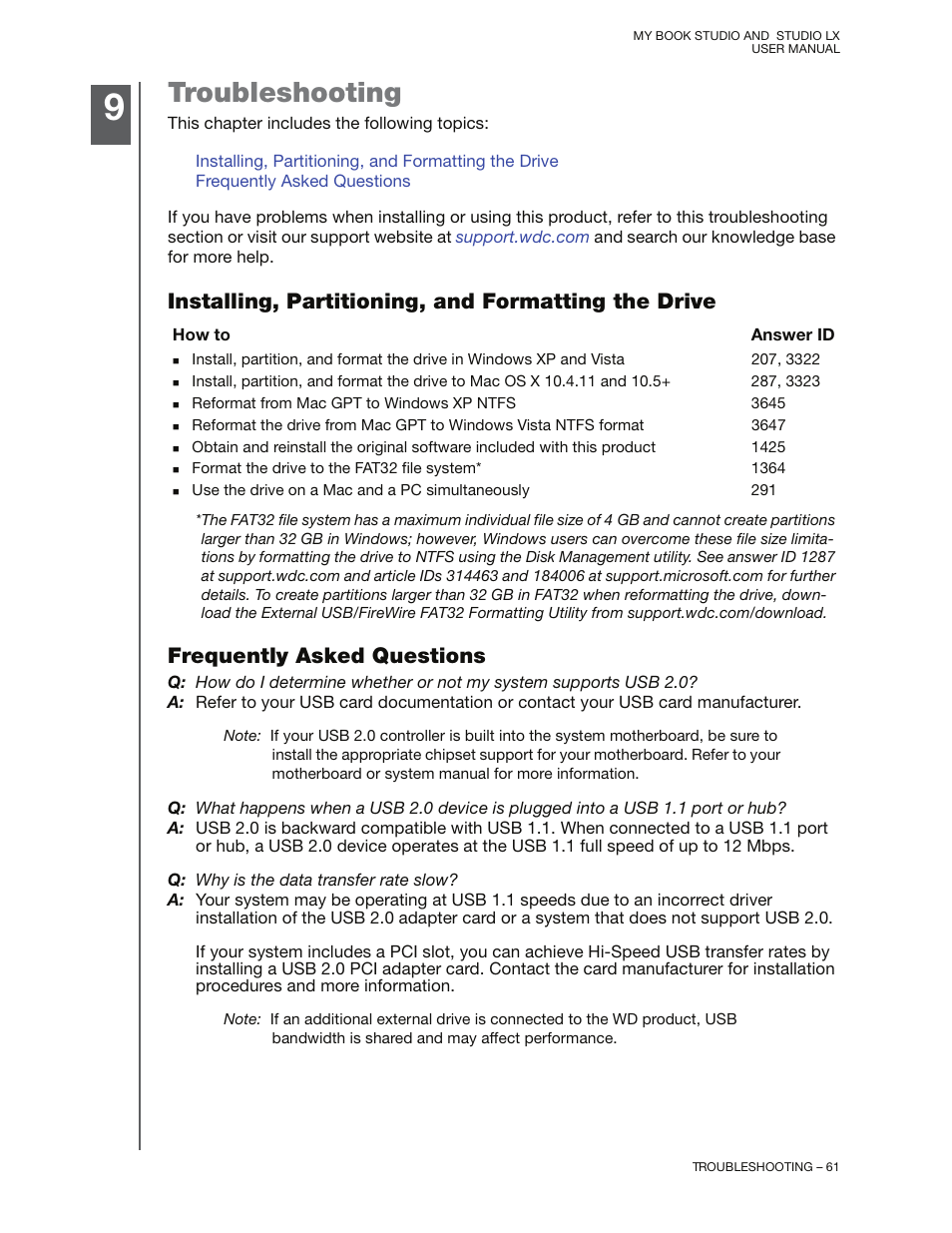 Troubleshooting, Installing, partitioning, and formatting the drive, Frequently asked questions | Western Digital My Book Studio/Studio LX User Manual User Manual | Page 66 / 82