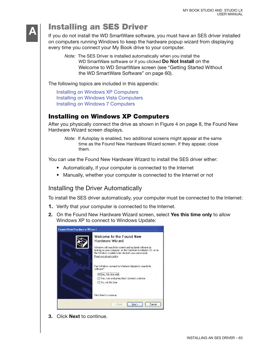 Installing an ses driver, Installing on windows xp computers, Installing the driver automatically | Western Digital My Book Studio/Studio LX User Manual User Manual | Page 68 / 82