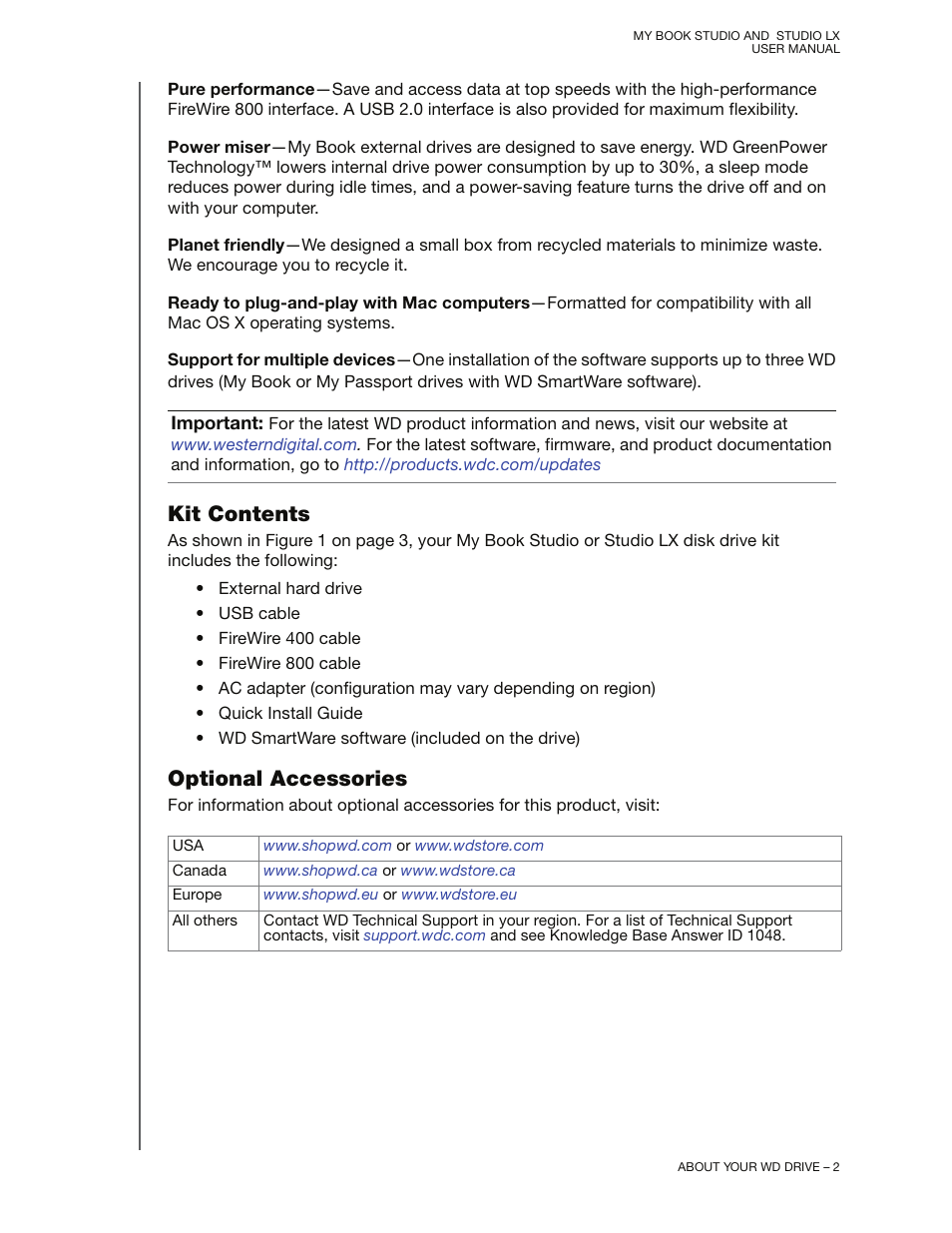 Kit contents, Optional accessories, Kit contents optional accessories | Western Digital My Book Studio/Studio LX User Manual User Manual | Page 7 / 82