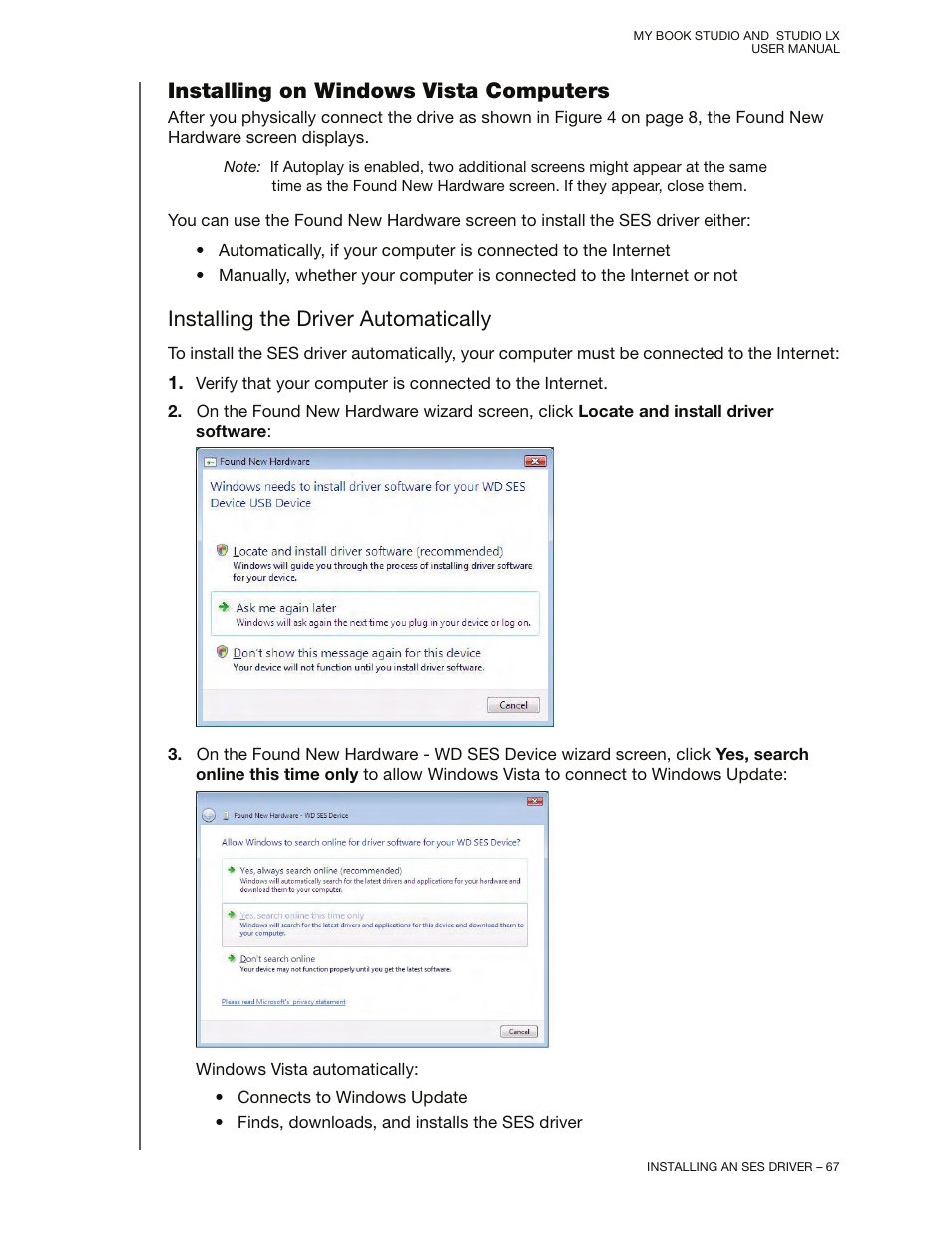 Installing on windows vista computers, Installing the driver automatically | Western Digital My Book Studio/Studio LX User Manual User Manual | Page 72 / 82