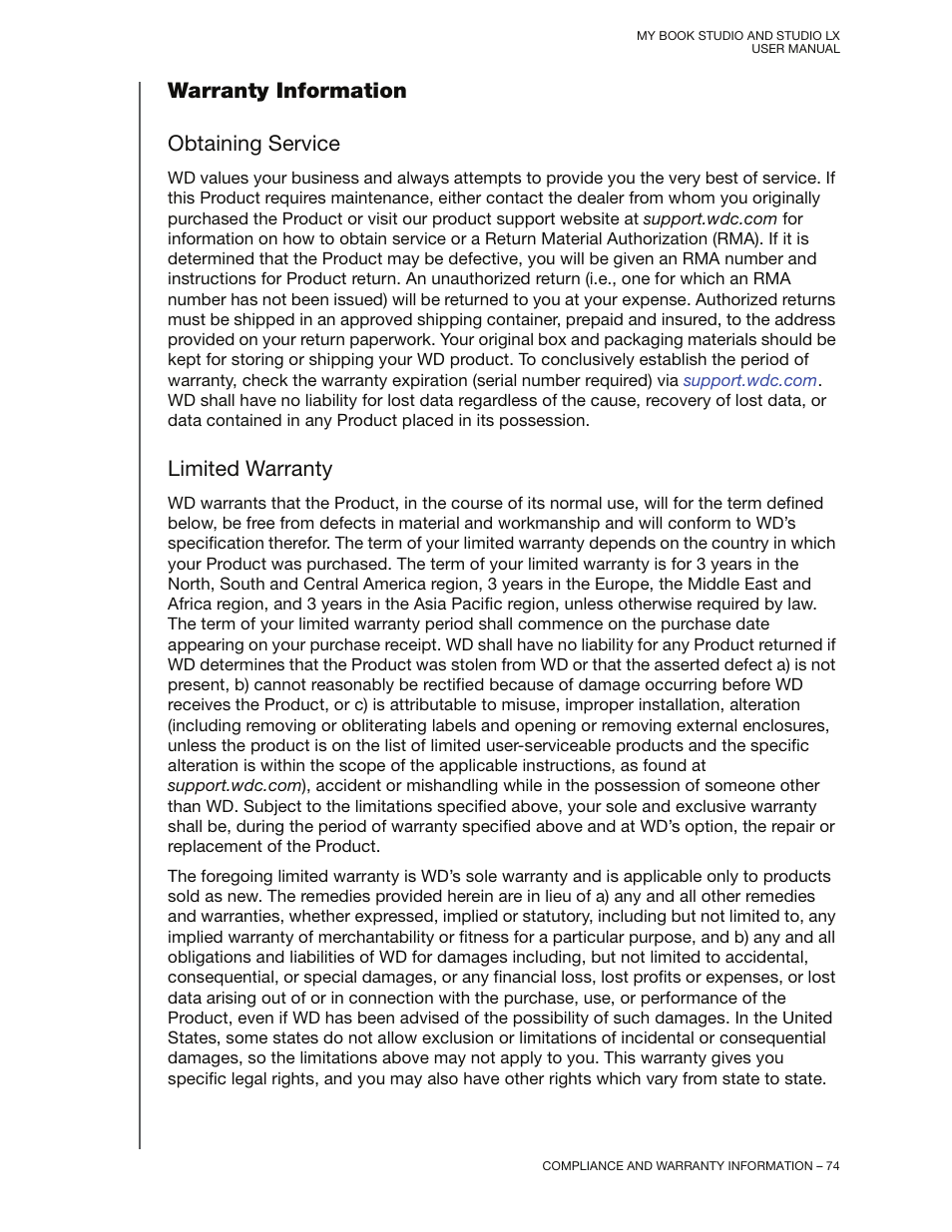 Warranty information, Obtaining service, Limited warranty | Warranty information obtaining service | Western Digital My Book Studio/Studio LX User Manual User Manual | Page 79 / 82