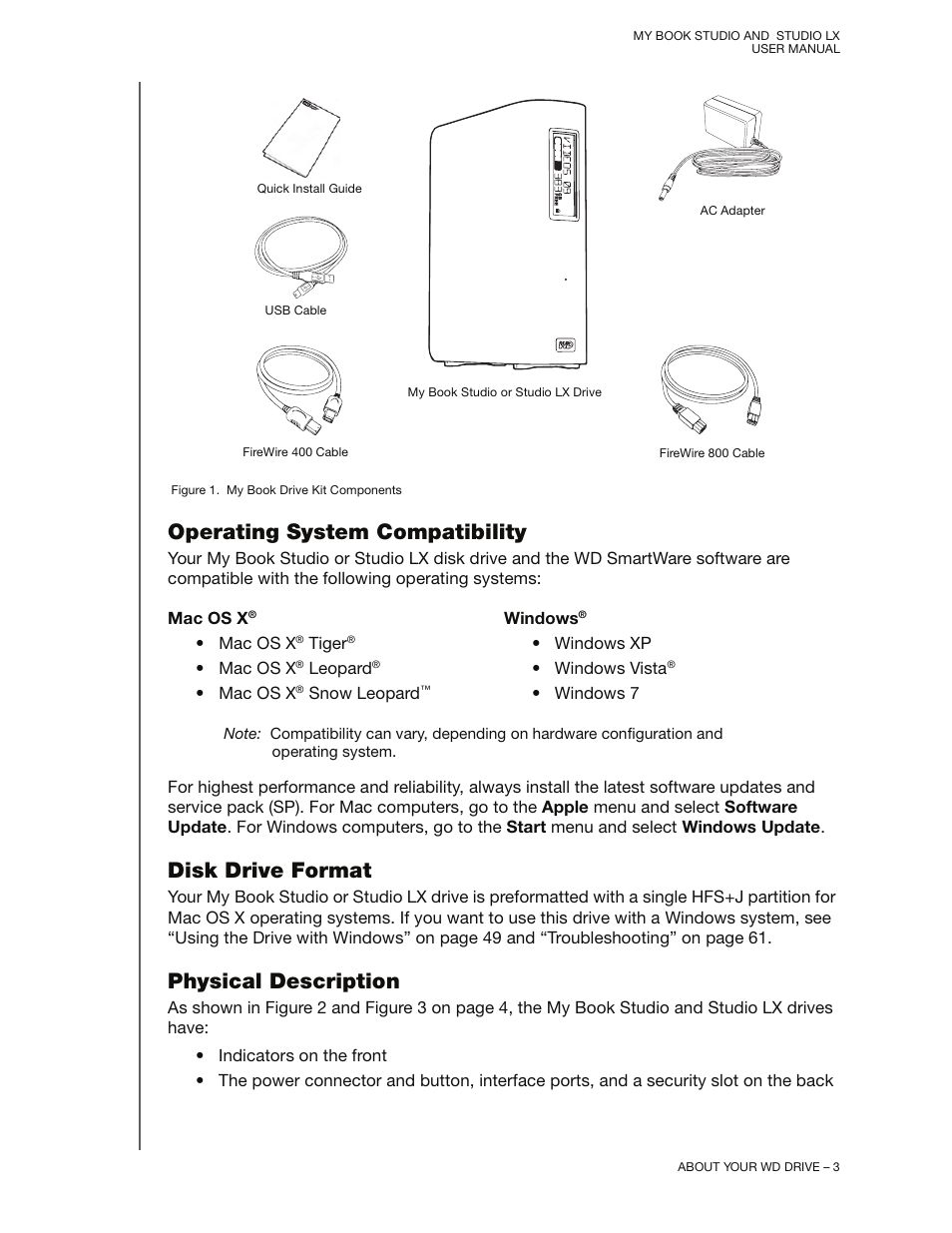 Operating system compatibility, Disk drive format, Physical description | Western Digital My Book Studio/Studio LX User Manual User Manual | Page 8 / 82