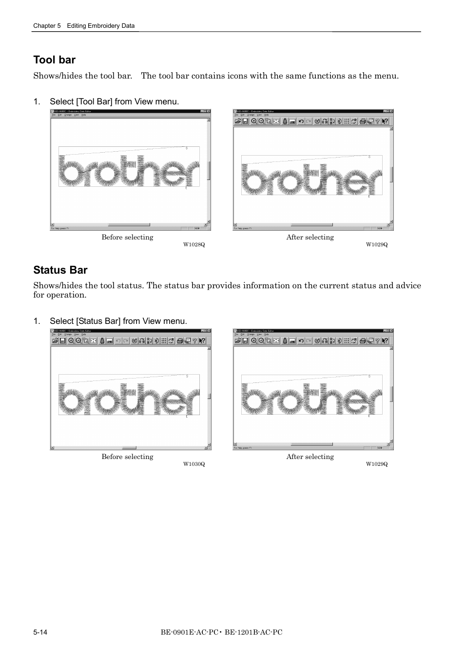 Tool bar, Status bar | Brother BE-1201B-AC-PC User Manual | Page 100 / 246