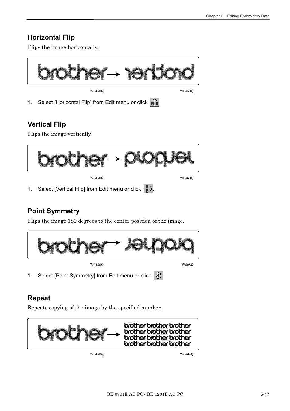 Horizontal flip, Vertical flip, Point symmetry | Repeat | Brother BE-1201B-AC-PC User Manual | Page 103 / 246