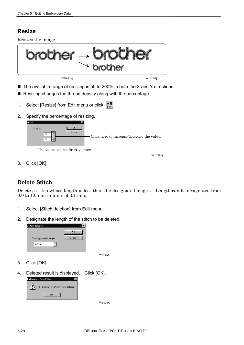 Resize, Delete stitch | Brother BE-1201B-AC-PC User Manual | Page 106 / 246