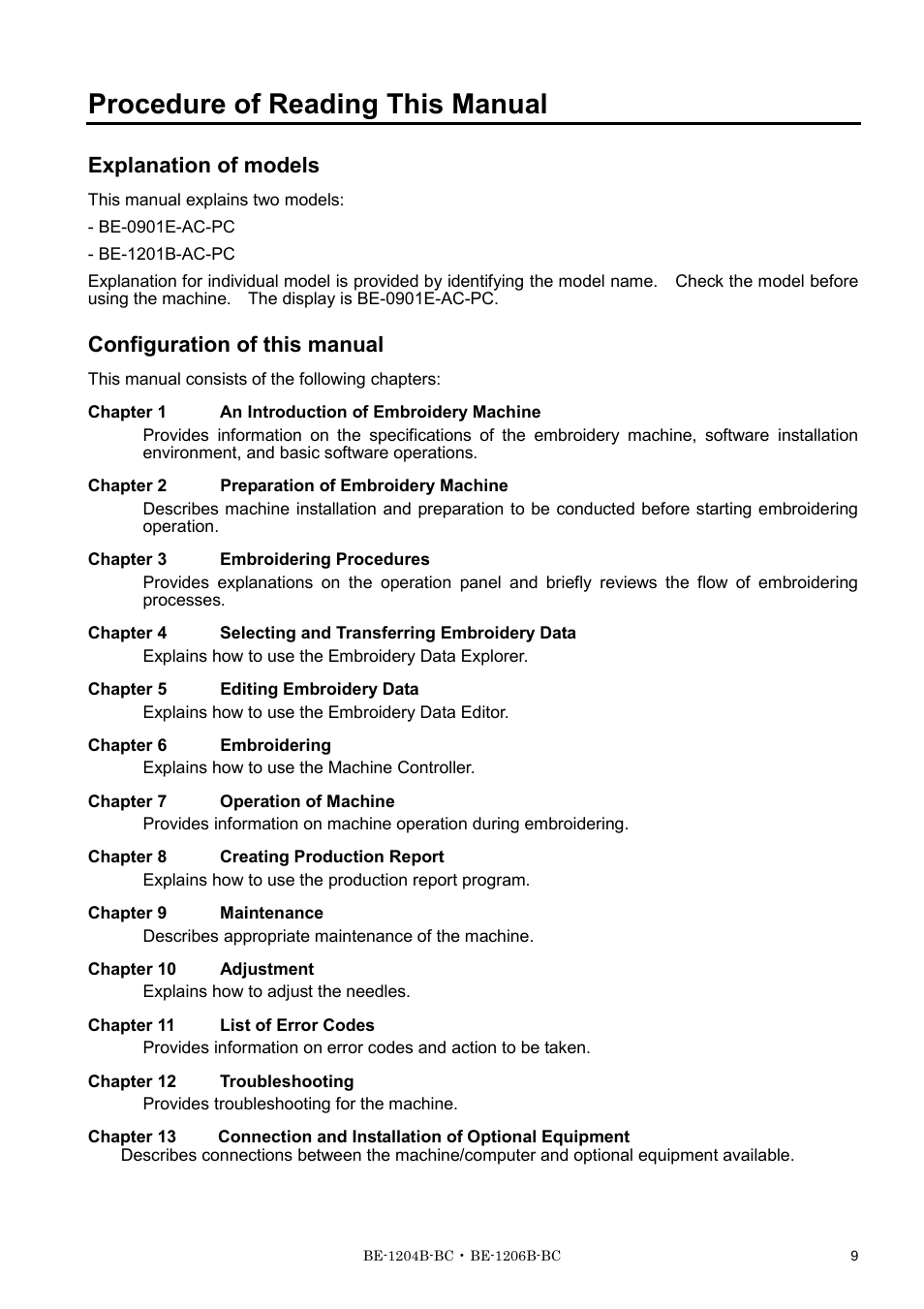 Procedure of reading this manual, Explanation of models, Configuration of this manual | Brother BE-1201B-AC-PC User Manual | Page 11 / 246