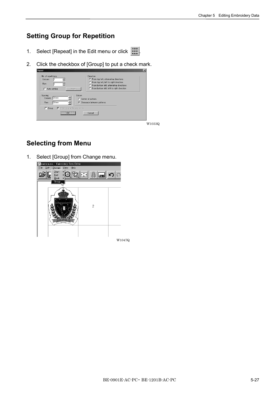 Setting group for repetition, Selecting from menu | Brother BE-1201B-AC-PC User Manual | Page 113 / 246