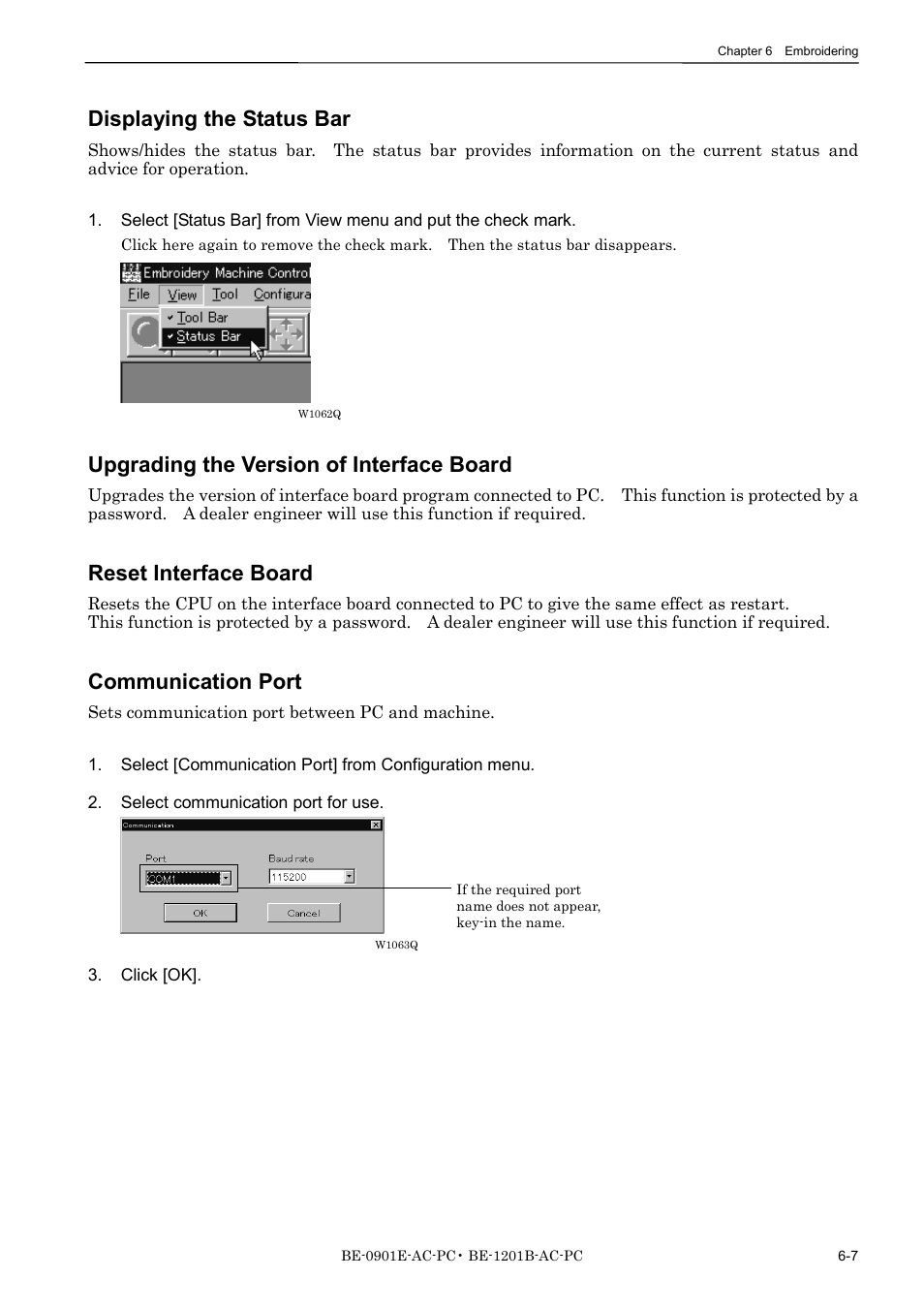 Displaying the status bar, Upgrading the version of interface board, Reset interface board | Communication port | Brother BE-1201B-AC-PC User Manual | Page 127 / 246
