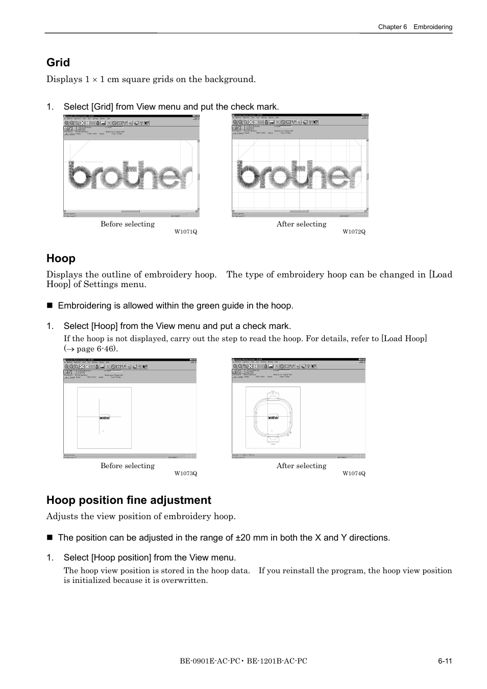 Grid, Hoop, Hoop position fine adjustment | Brother BE-1201B-AC-PC User Manual | Page 131 / 246