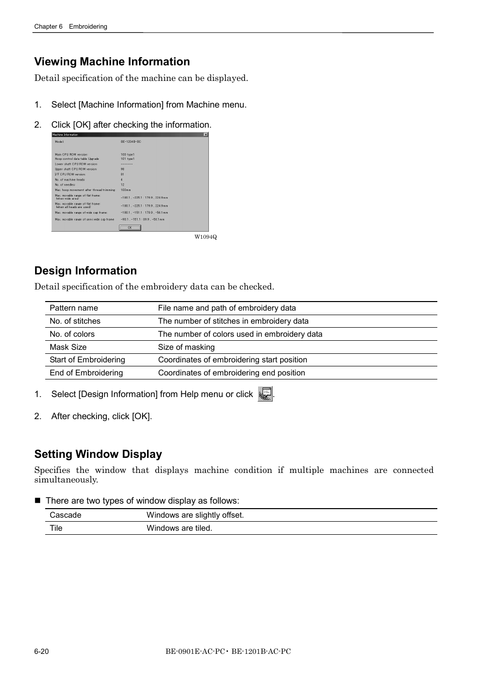 Viewing machine information, Design information, Setting window display | Brother BE-1201B-AC-PC User Manual | Page 140 / 246