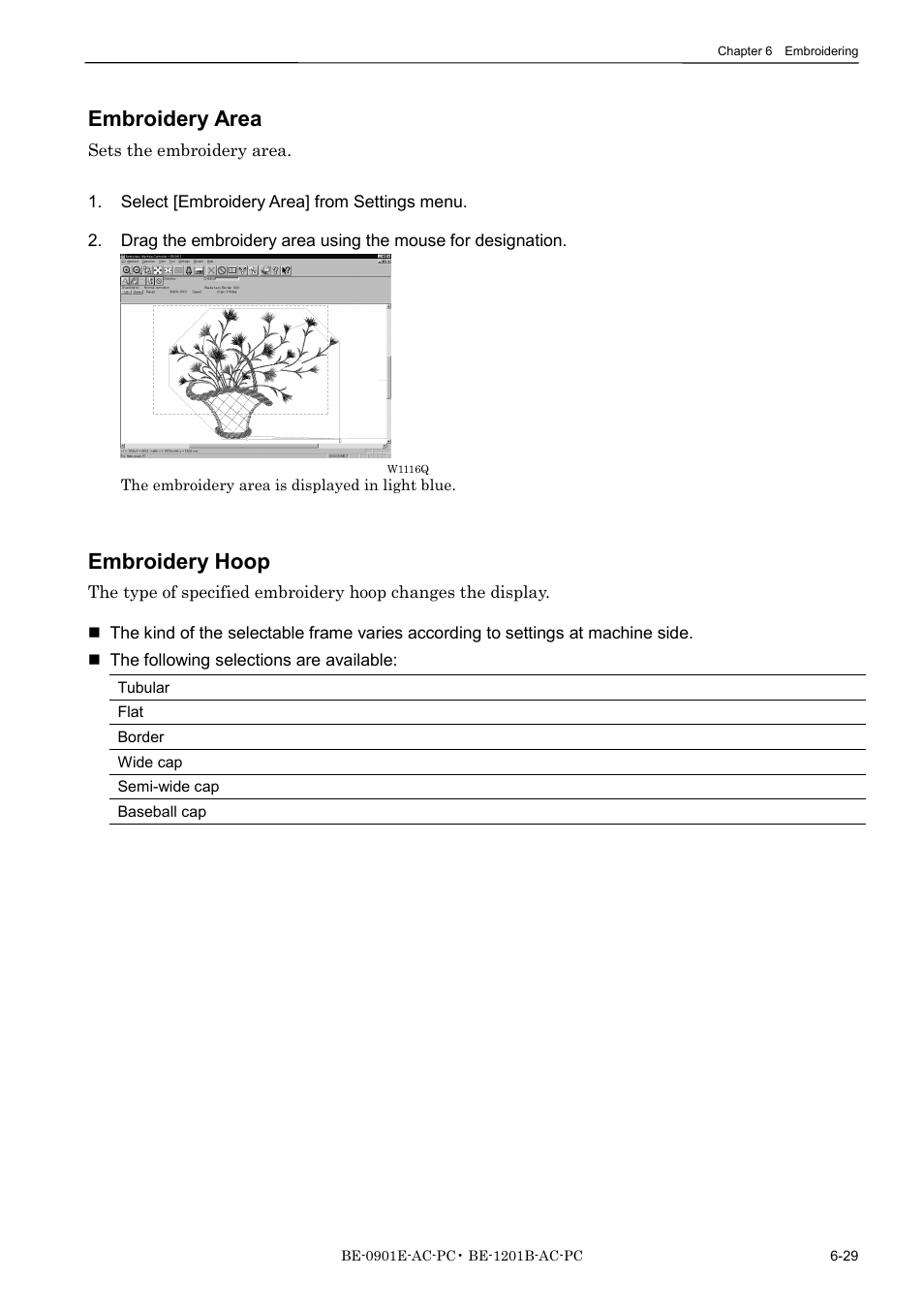 Embroidery area, Embroidery hoop | Brother BE-1201B-AC-PC User Manual | Page 149 / 246