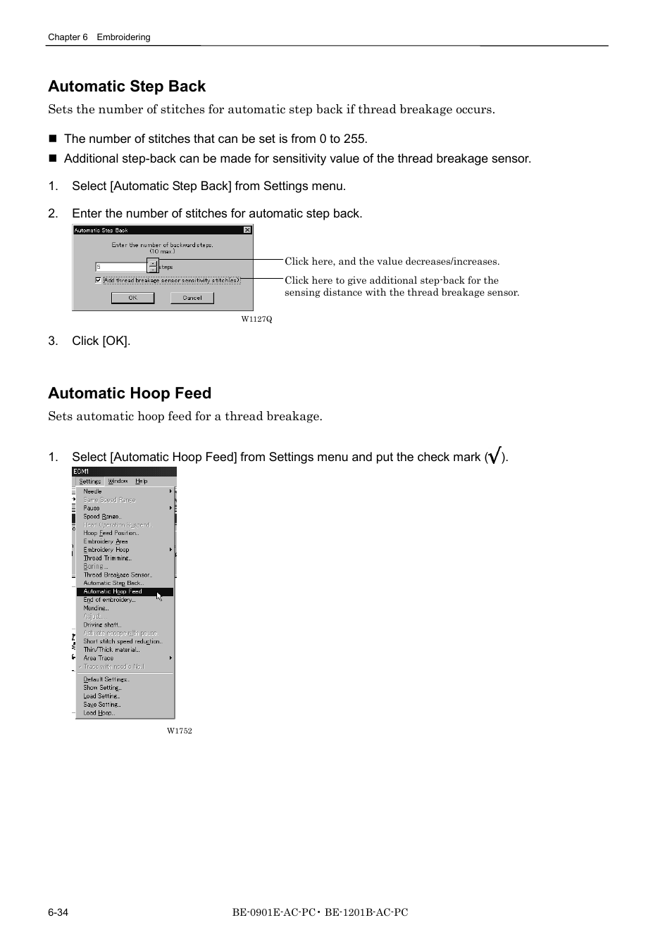 Automatic step back, Automatic hoop feed | Brother BE-1201B-AC-PC User Manual | Page 154 / 246