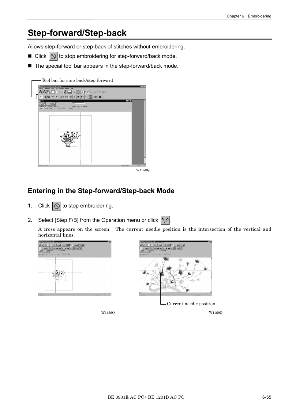 Step-forward/step-back, Entering in the step-forward/step-back mode | Brother BE-1201B-AC-PC User Manual | Page 175 / 246