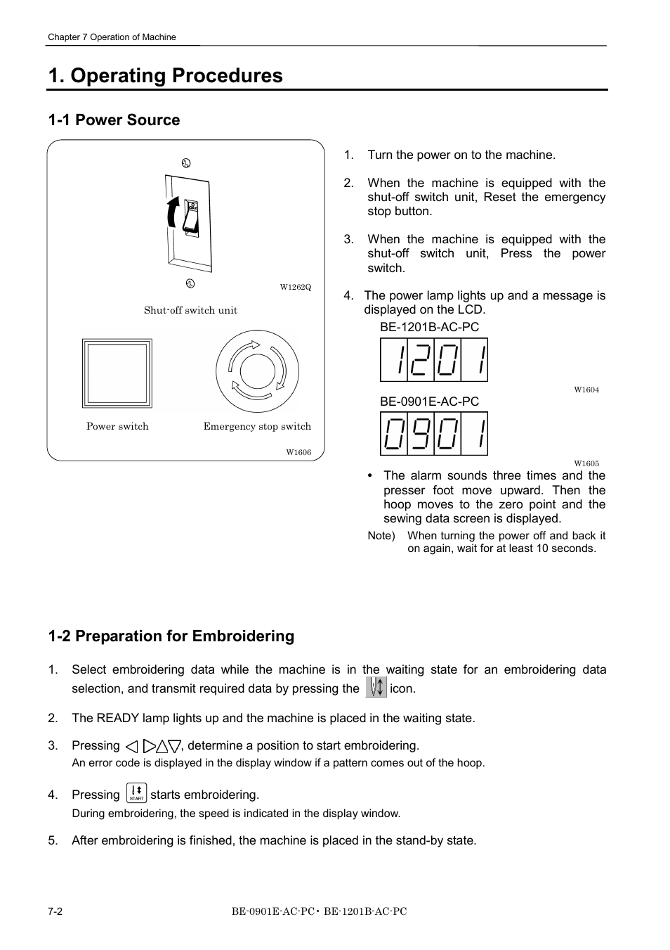 Operating procedures, 1 power source, 2 preparation for embroidering | Brother BE-1201B-AC-PC User Manual | Page 184 / 246