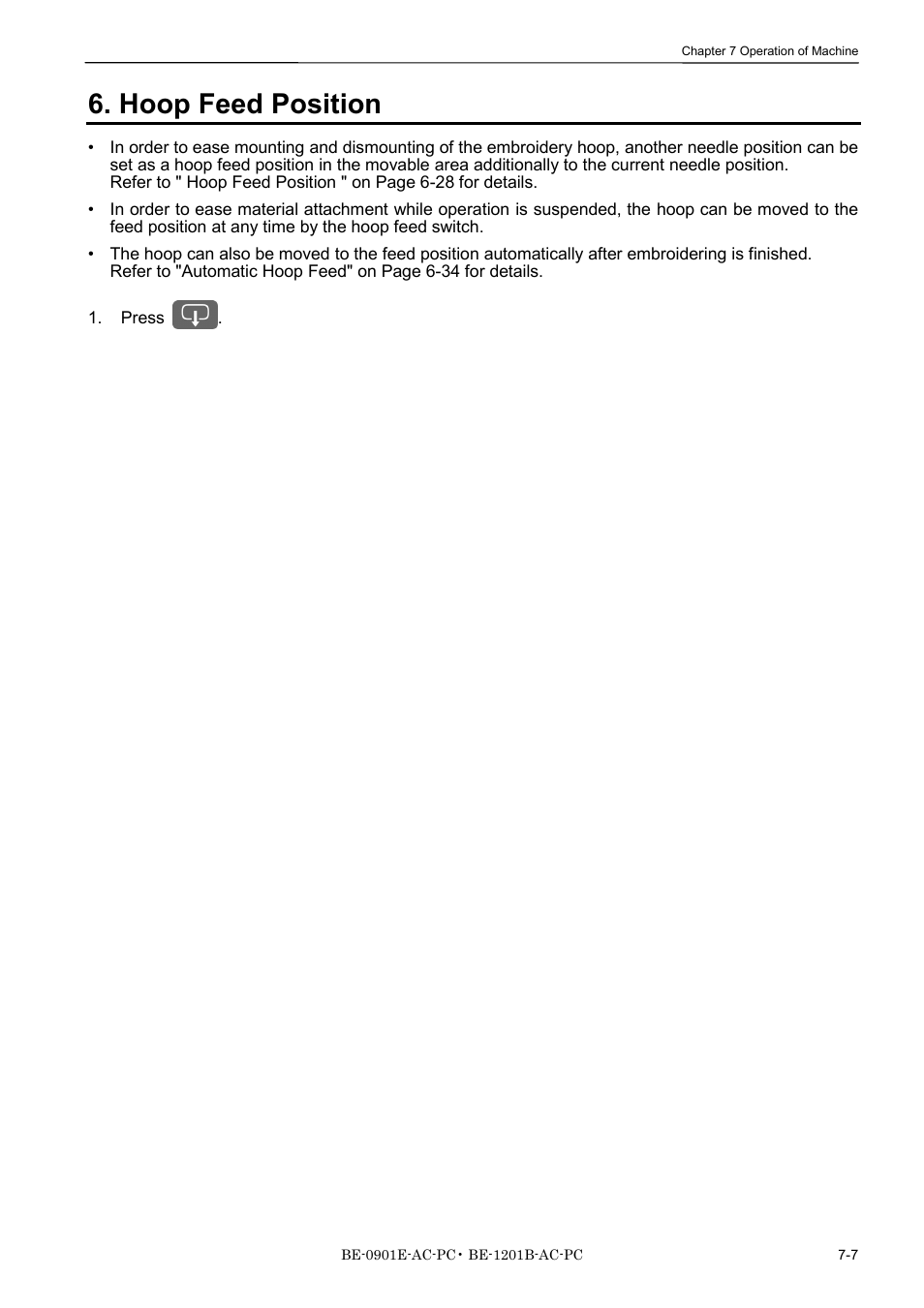 Hoop feed position | Brother BE-1201B-AC-PC User Manual | Page 189 / 246