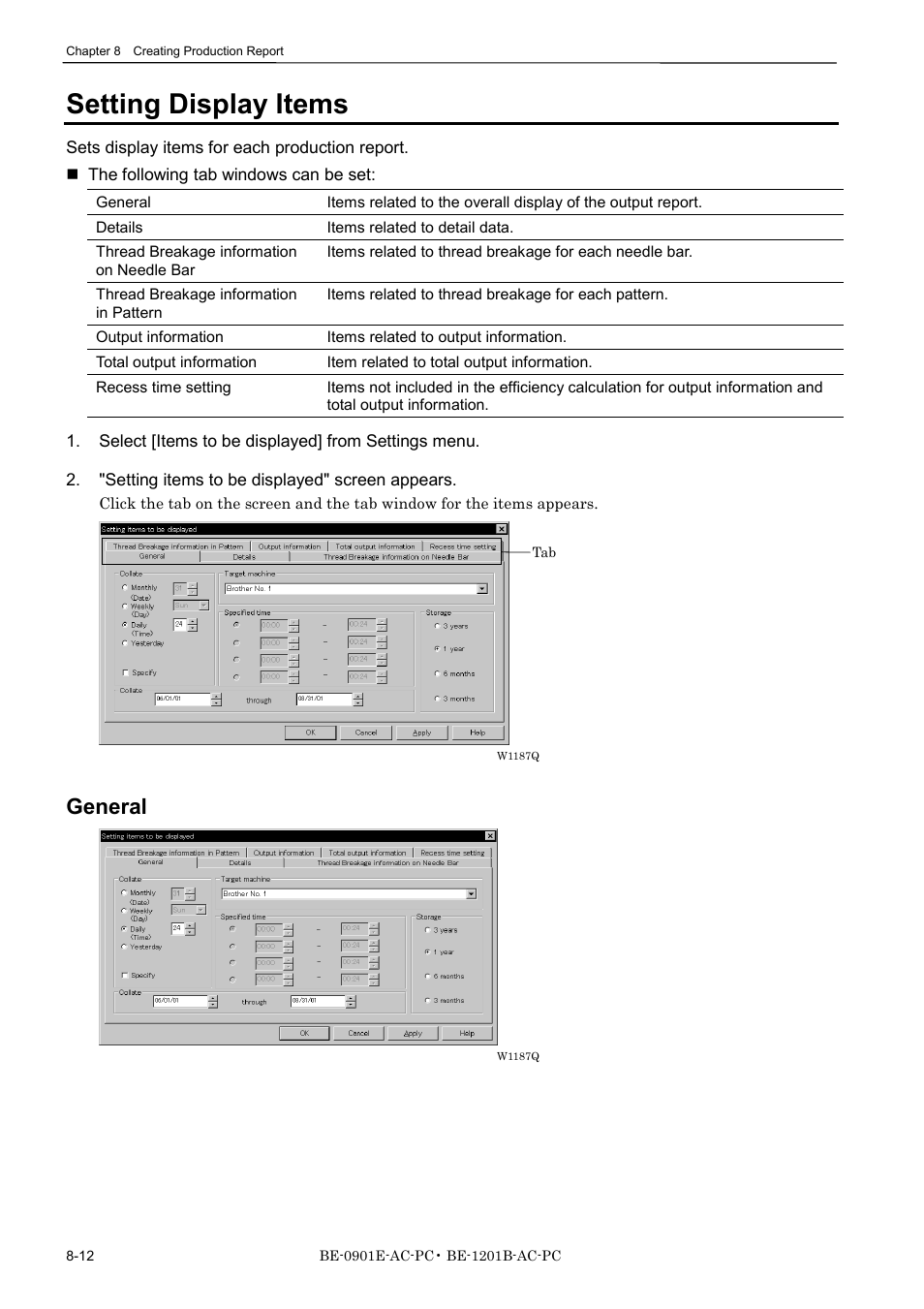 Setting display items, General | Brother BE-1201B-AC-PC User Manual | Page 204 / 246