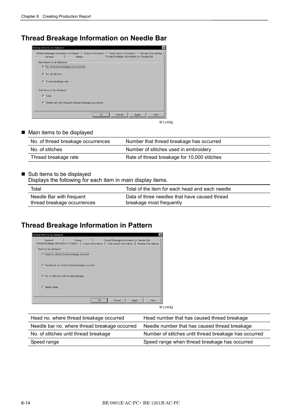 Thread breakage information on needle bar, Thread breakage information in pattern | Brother BE-1201B-AC-PC User Manual | Page 206 / 246