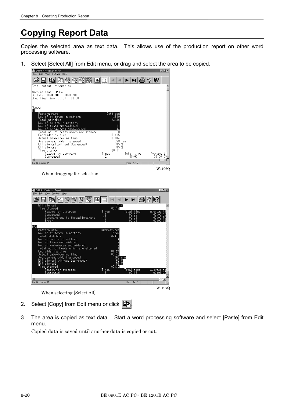 Copying report data | Brother BE-1201B-AC-PC User Manual | Page 212 / 246