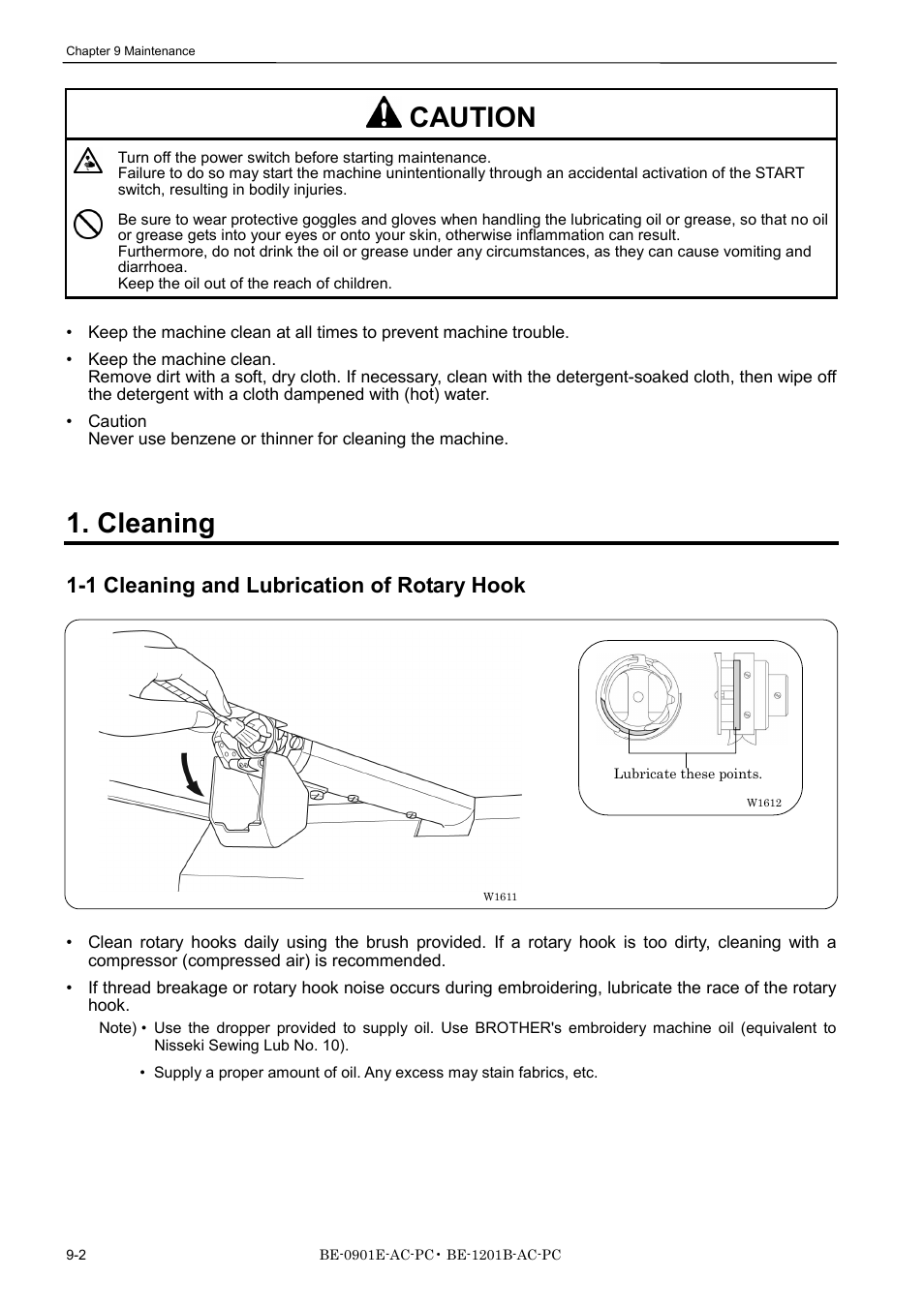 Cleaning, 1 cleaning and lubrication of rotary hook, Caution | Brother BE-1201B-AC-PC User Manual | Page 214 / 246