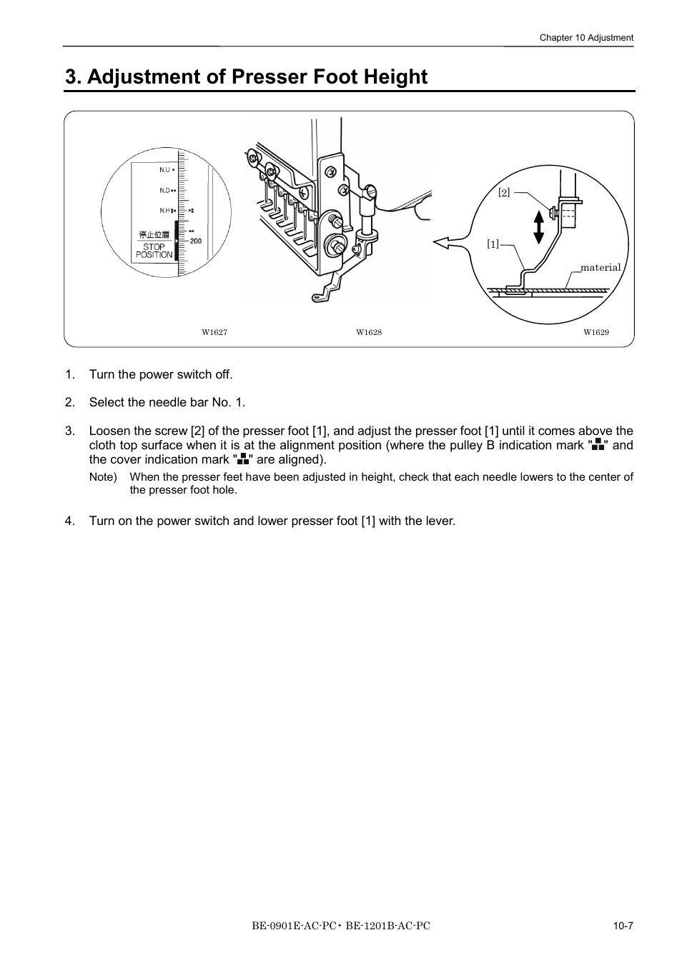 Adjustment of presser foot height | Brother BE-1201B-AC-PC User Manual | Page 225 / 246