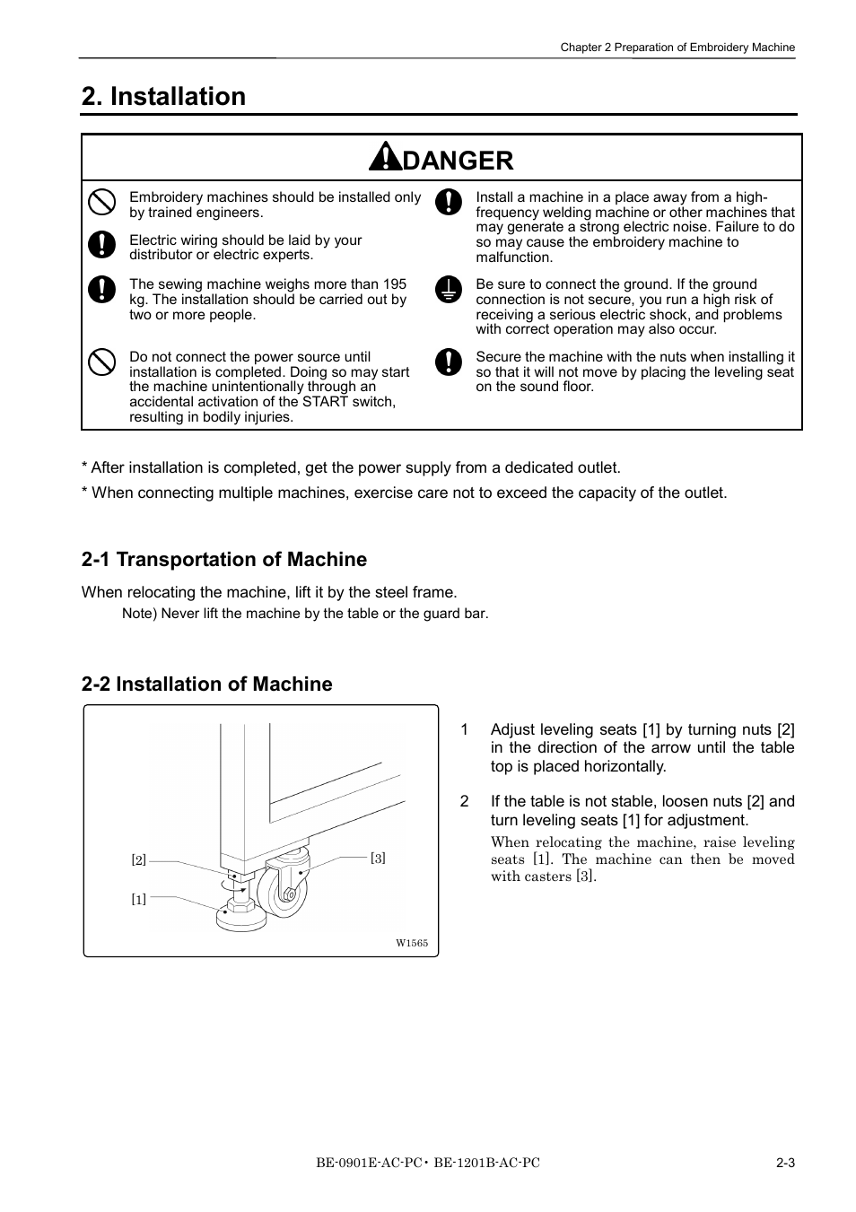 Installation, 1 transportation of machine, 2 installation of machine | Installation danger | Brother BE-1201B-AC-PC User Manual | Page 31 / 246