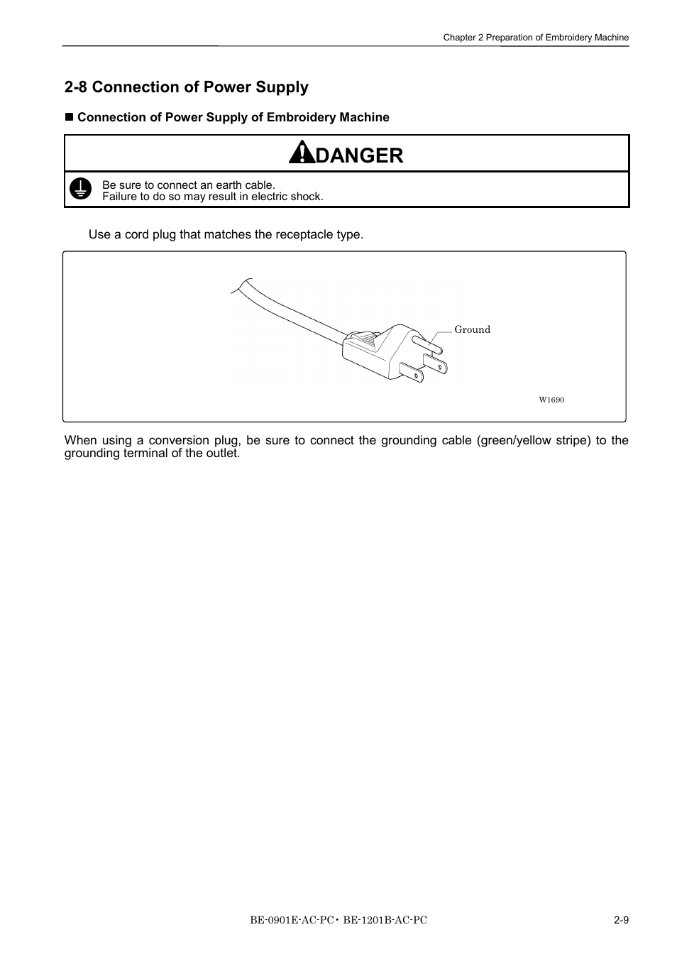 8 connection of power supply, Danger | Brother BE-1201B-AC-PC User Manual | Page 37 / 246