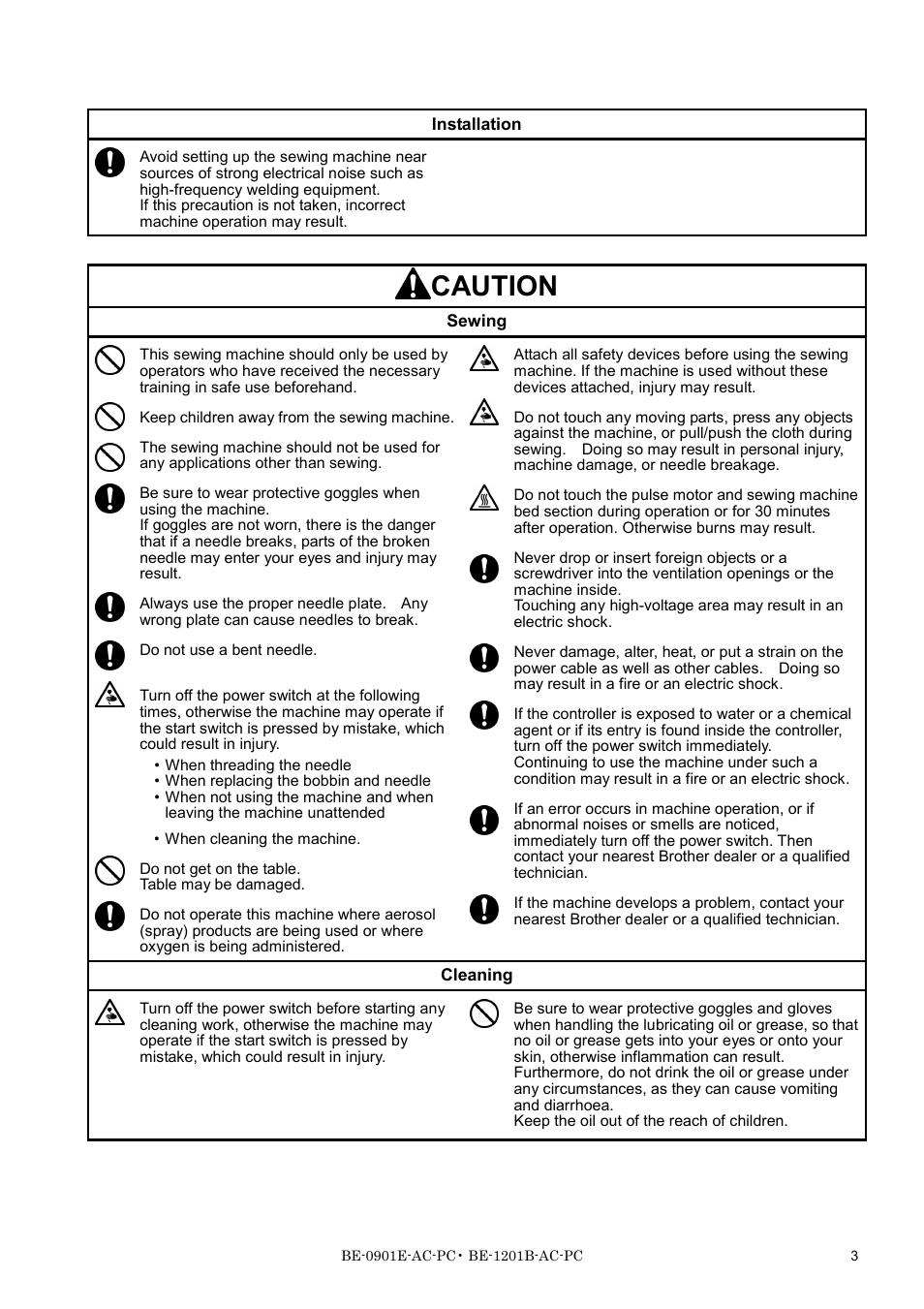 Caution | Brother BE-1201B-AC-PC User Manual | Page 5 / 246