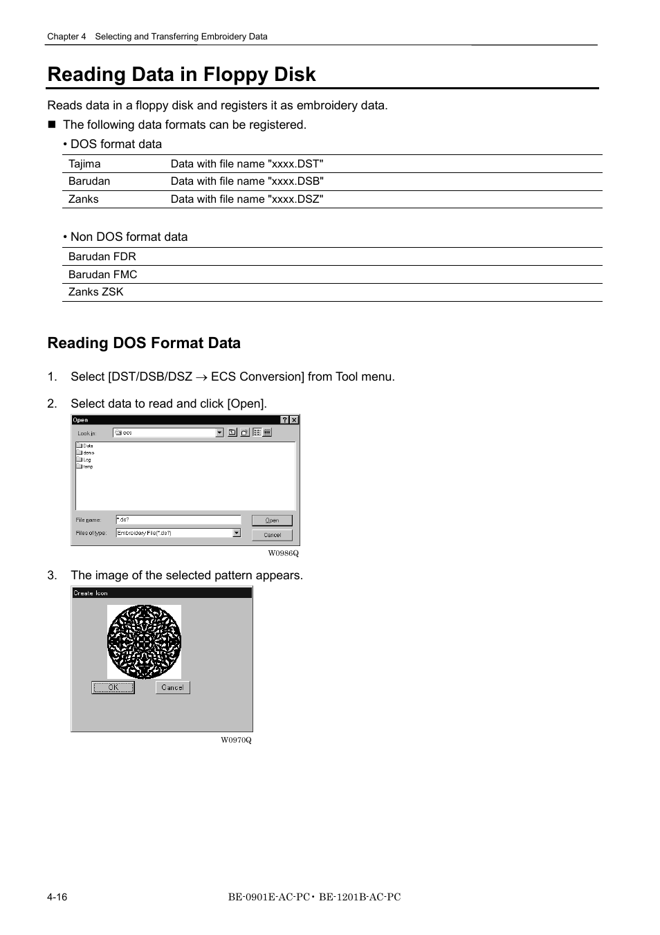 Reading data in floppy disk, Reading dos format data | Brother BE-1201B-AC-PC User Manual | Page 76 / 246