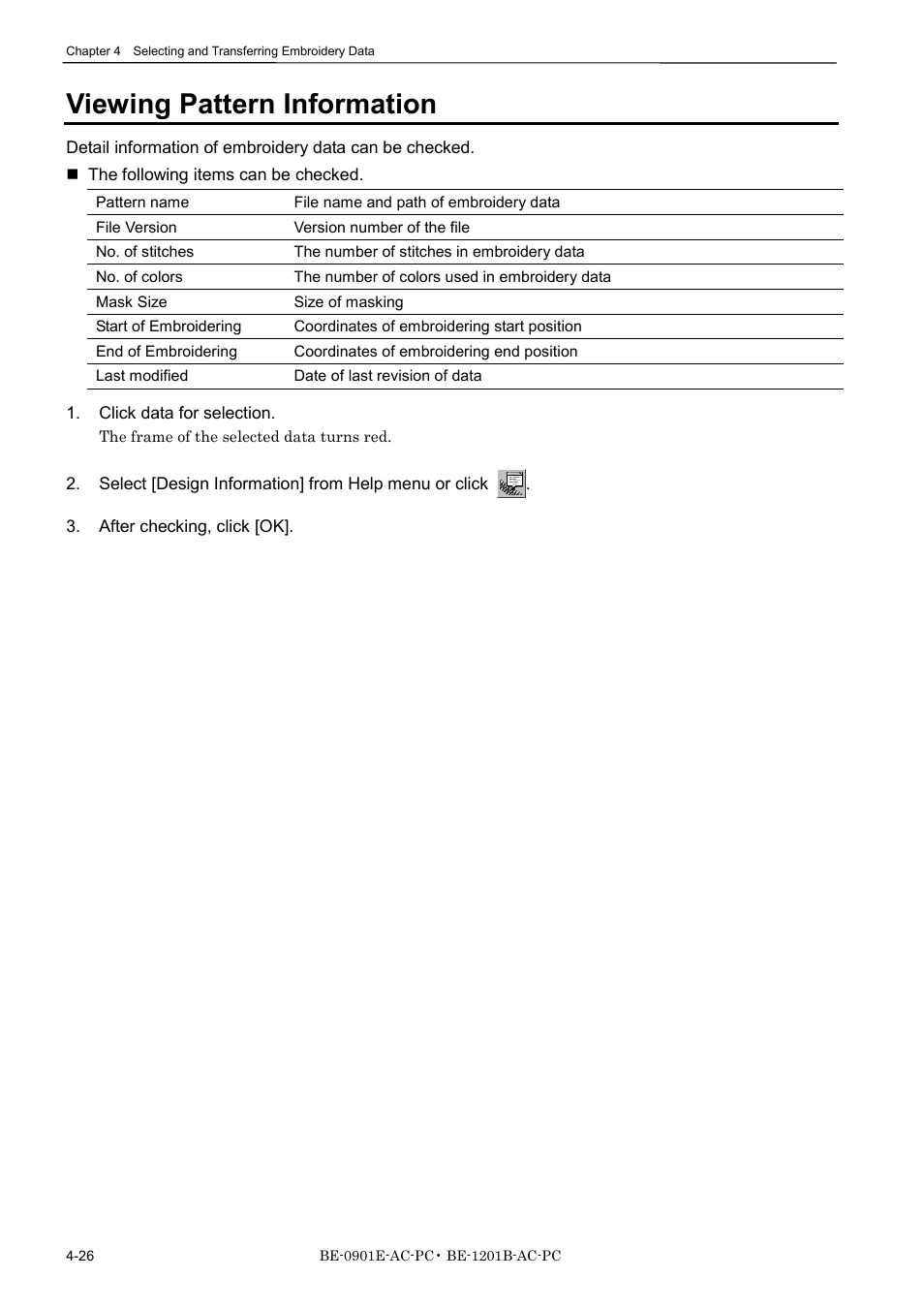 Viewing pattern information | Brother BE-1201B-AC-PC User Manual | Page 86 / 246