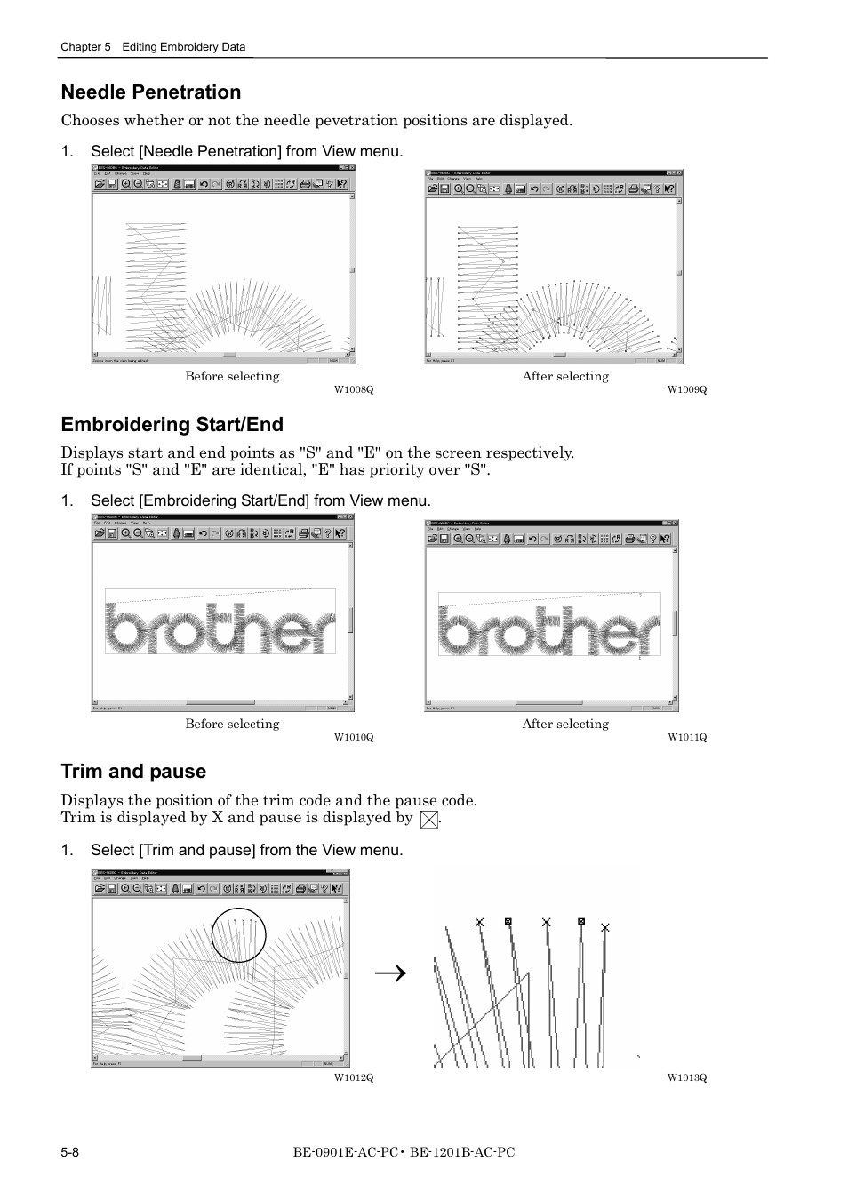 Needle penetration, Embroidering start/end, Trim and pause | Brother BE-1201B-AC-PC User Manual | Page 94 / 246