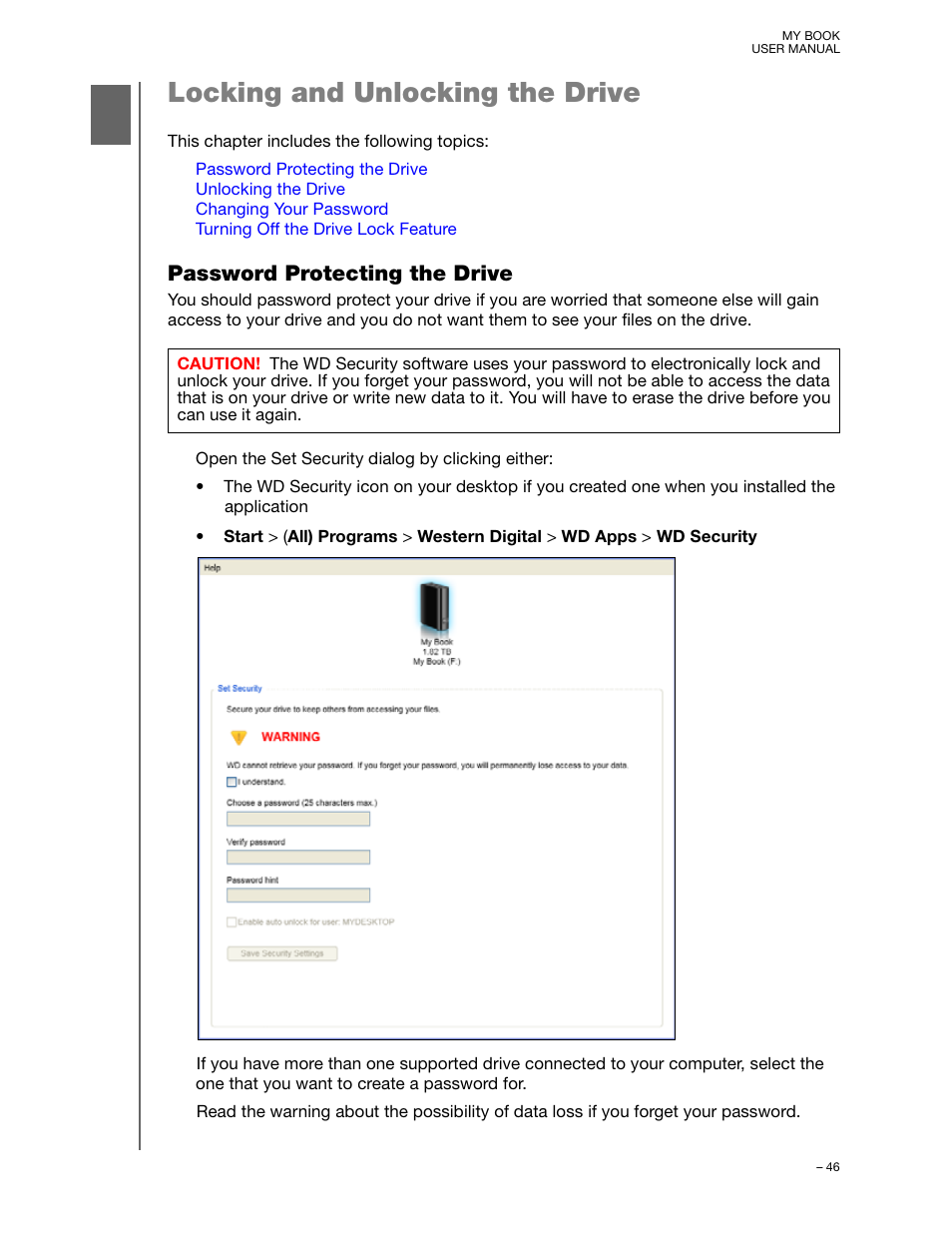 Locking and unlocking the drive, Password protecting the drive | Western Digital My Book User Manual User Manual | Page 51 / 90