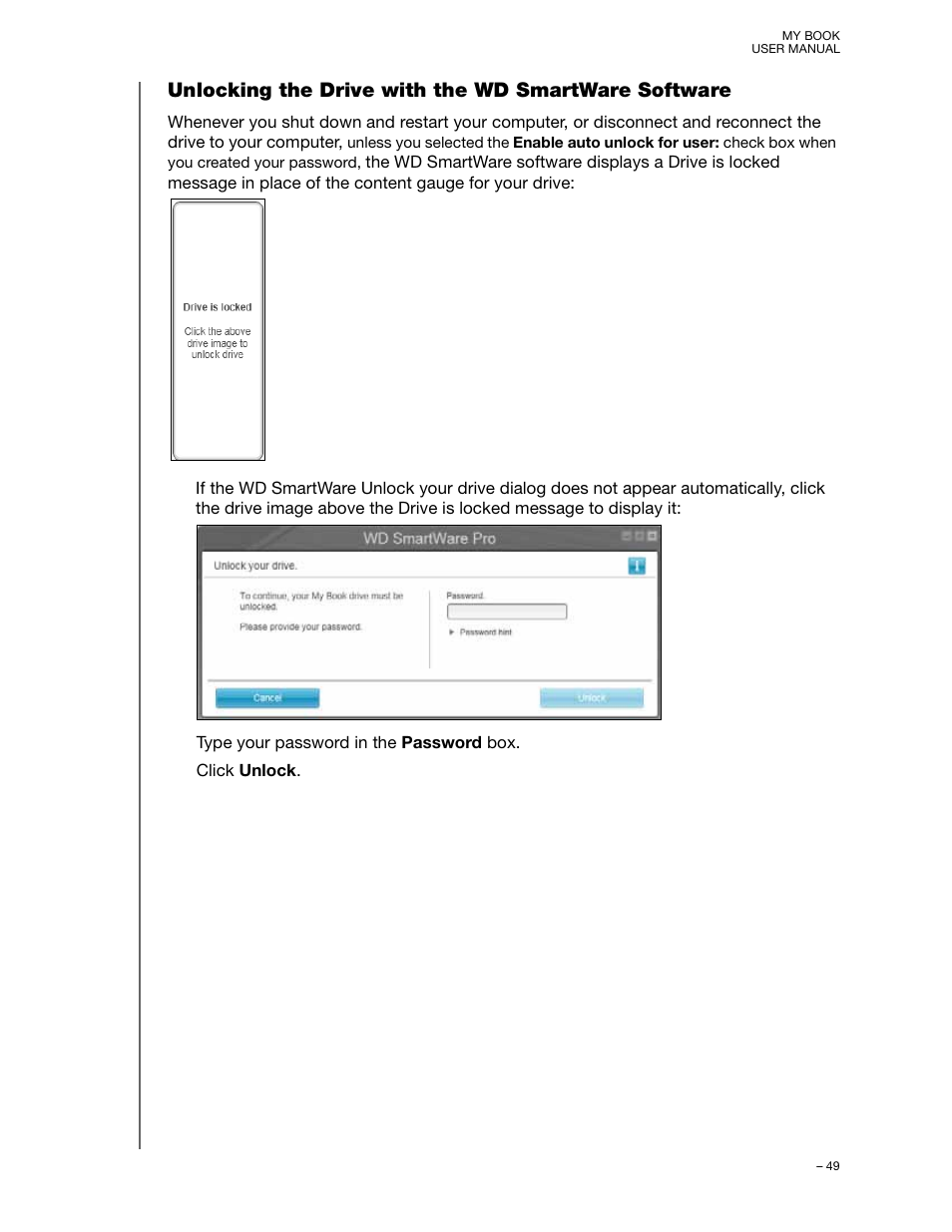 Unlocking the drive with the wd smartware software | Western Digital My Book User Manual User Manual | Page 54 / 90