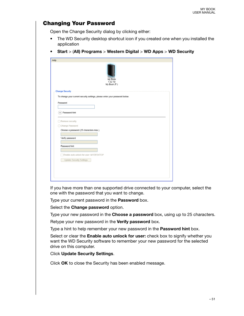 Changing your password | Western Digital My Book User Manual User Manual | Page 56 / 90