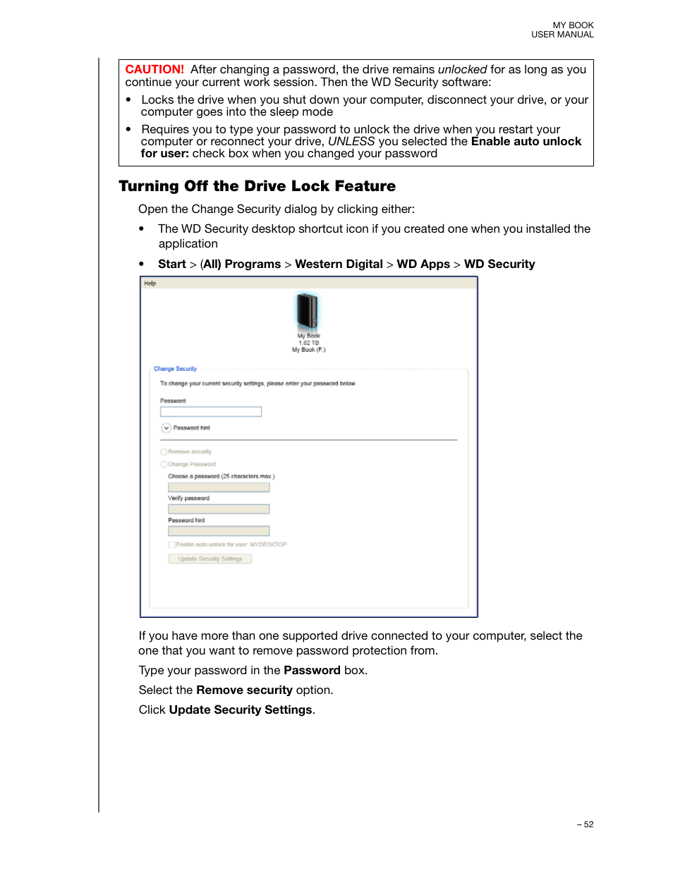 Turning off the drive lock feature | Western Digital My Book User Manual User Manual | Page 57 / 90