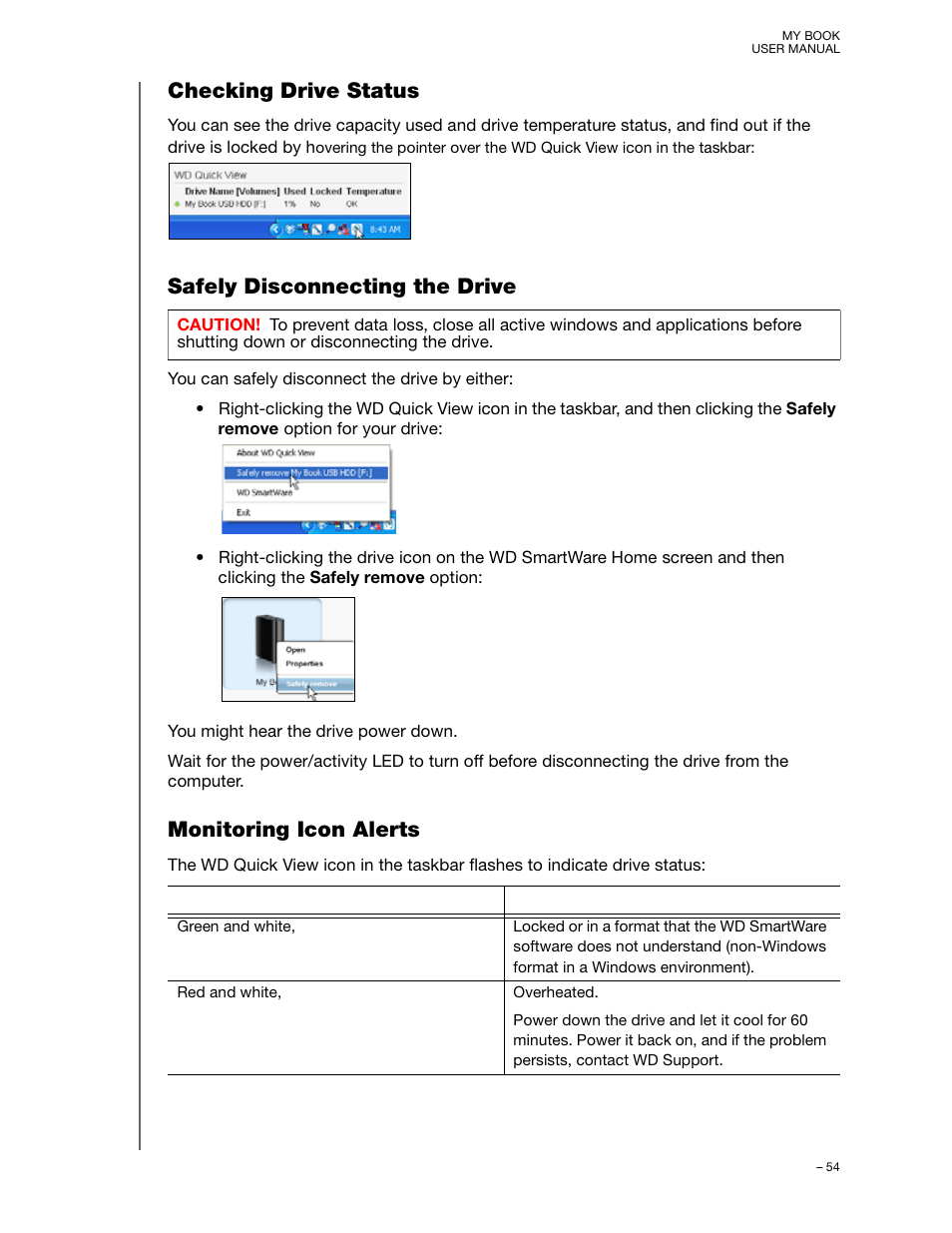Checking drive status, Safely disconnecting the drive, Monitoring icon alerts | Western Digital My Book User Manual User Manual | Page 59 / 90