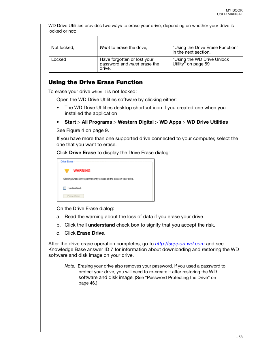 Using the drive erase function | Western Digital My Book User Manual User Manual | Page 63 / 90