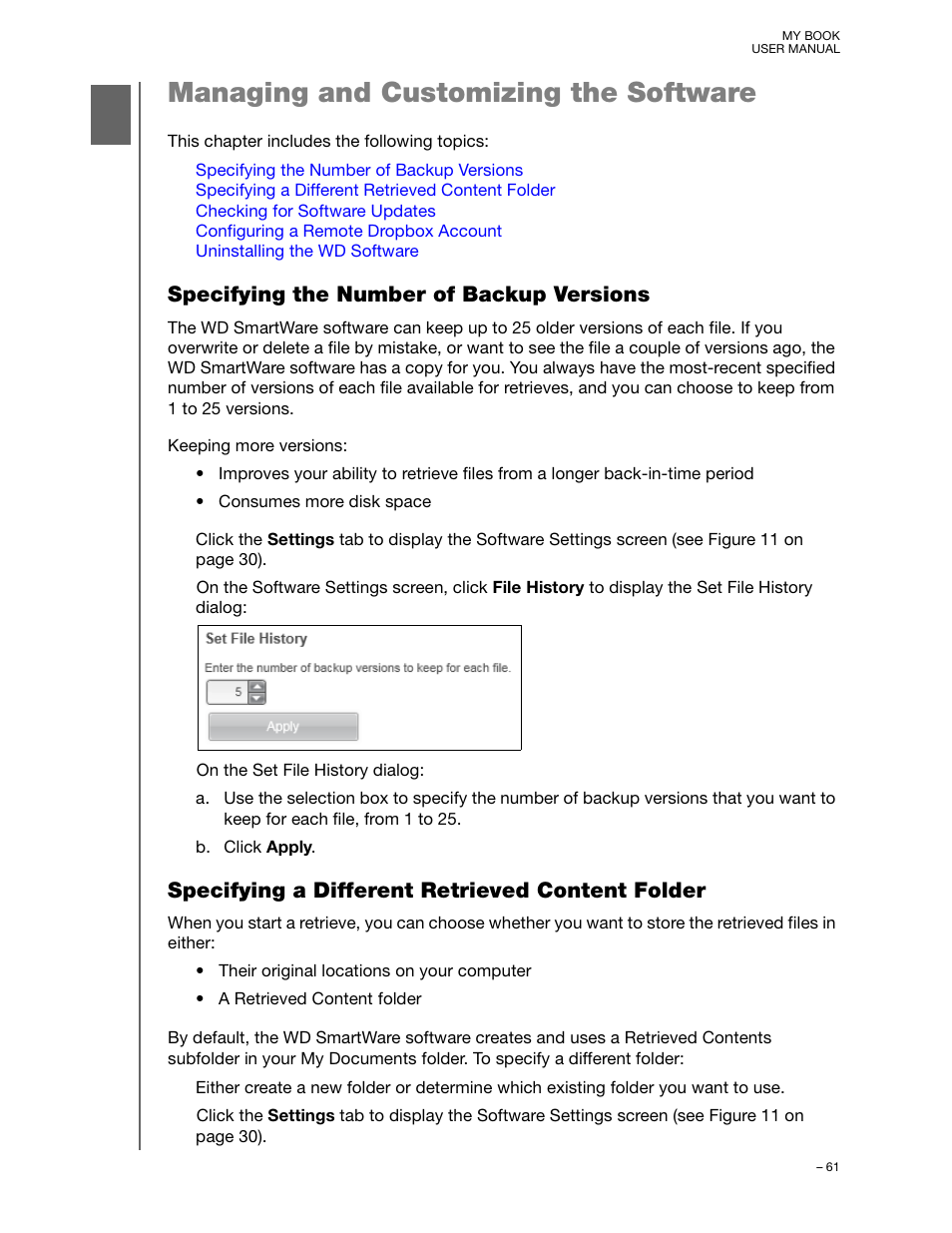 Managing and customizing the software, Specifying the number of backup versions, Specifying a different retrieved content folder | Western Digital My Book User Manual User Manual | Page 66 / 90