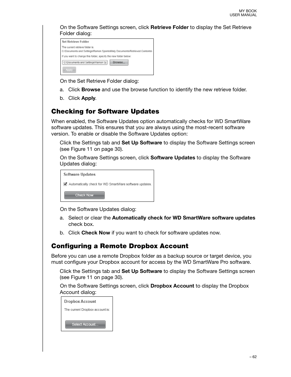 Checking for software updates, Configuring a remote dropbox account | Western Digital My Book User Manual User Manual | Page 67 / 90