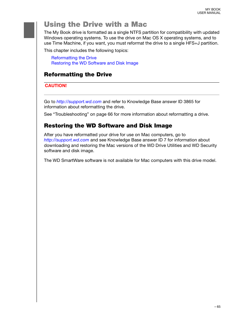 Using the drive with a mac, Reformatting the drive, Restoring the wd software and disk image | Western Digital My Book User Manual User Manual | Page 70 / 90