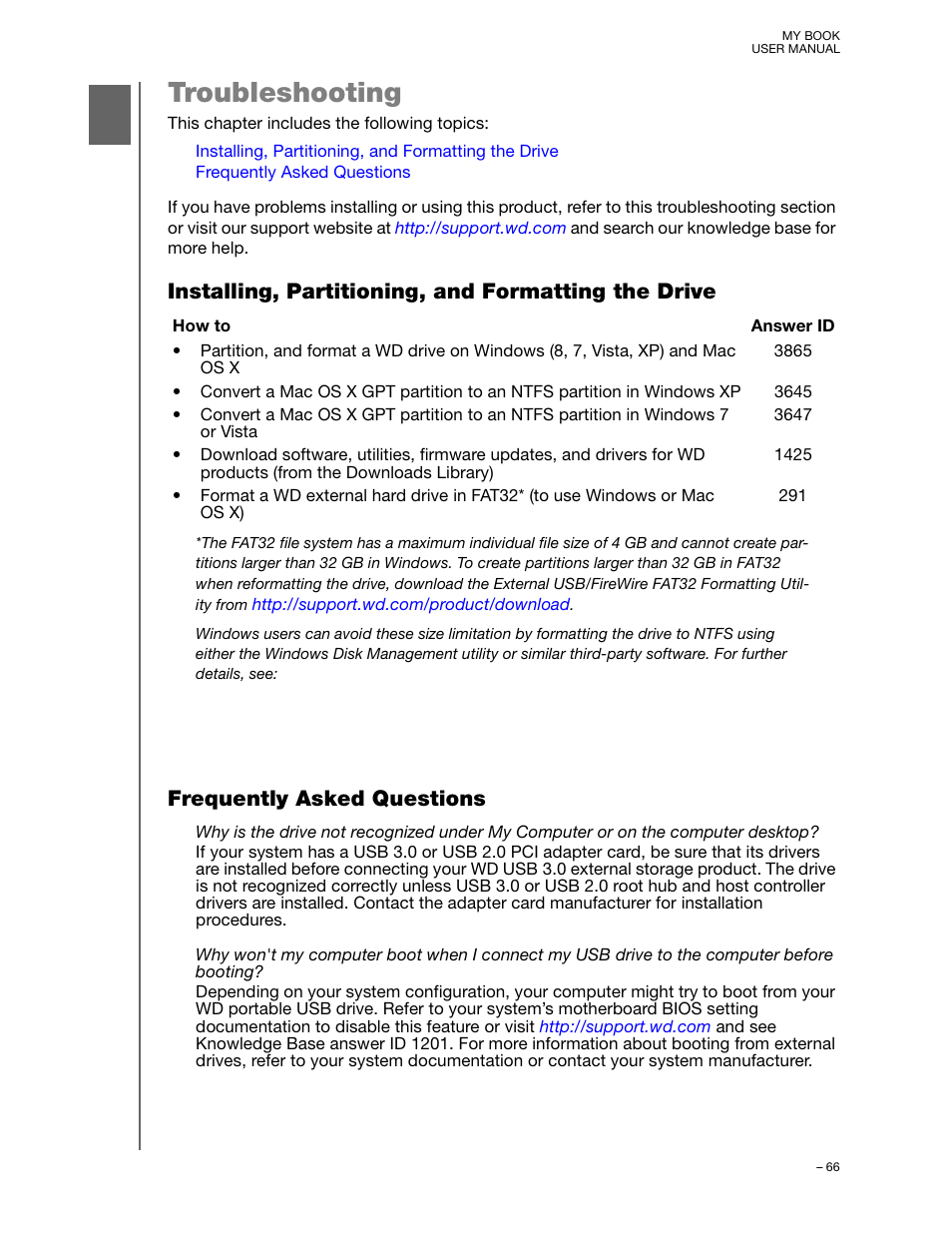 Troubleshooting, Installing, partitioning, and formatting the drive, Frequently asked questions | Western Digital My Book User Manual User Manual | Page 71 / 90