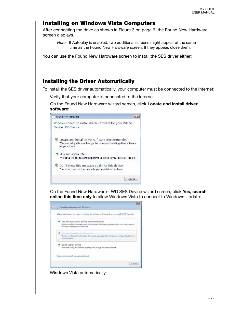 Installing on windows vista computers, Installing the driver automatically | Western Digital My Book User Manual User Manual | Page 77 / 90