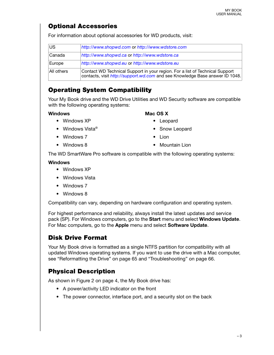 Optional accessories, Operating system compatibility, Disk drive format | Physical description | Western Digital My Book User Manual User Manual | Page 8 / 90