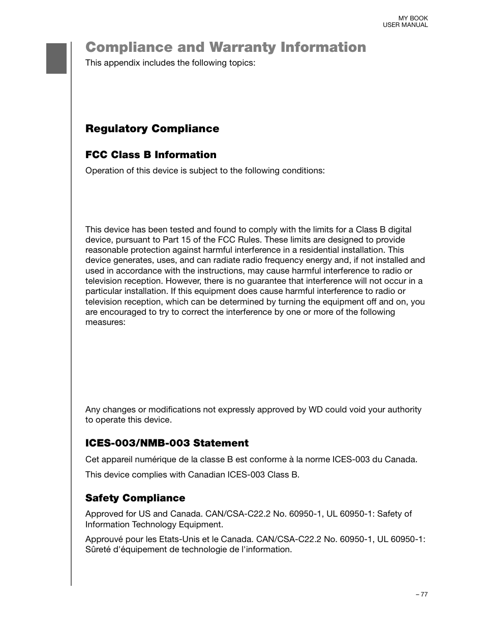 Compliance and warranty information, Regulatory compliance, Fcc class b information | Ices-003/nmb-003 statement, Safety compliance | Western Digital My Book User Manual User Manual | Page 82 / 90